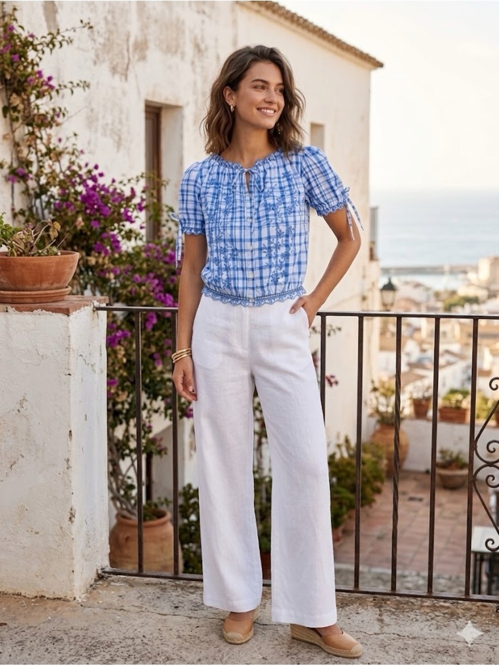 Blue Plaid Embroidered Cropped Cotton Button-Down Top